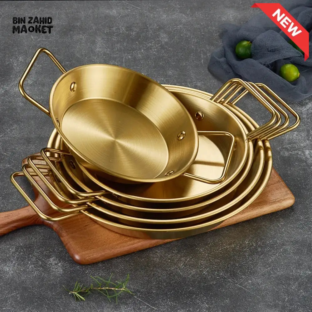 GOLDEN STAINLESS STEEL DOUBLE EAR SEAFOOD PLATE 22 CM – LUXURY SALAD PASTA & SPANISH SNACK SERVING PLATE FOR HOME USE
