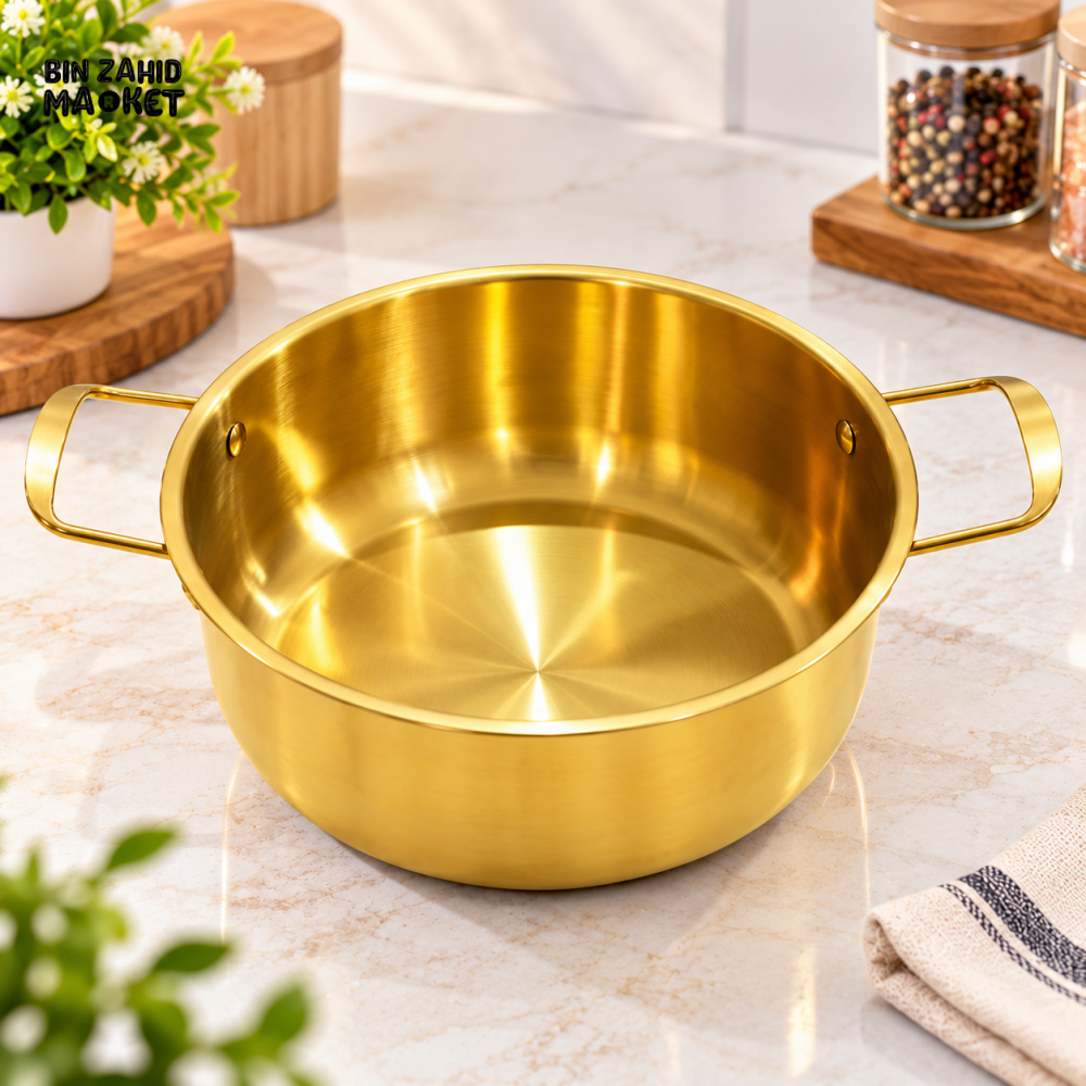 GOLDEN STAINLESS STEEL DOUBLE HANDLE COOKING POT