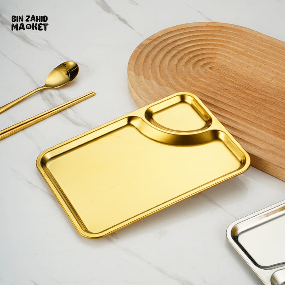 GOLDEN STAINLESS STEEL RECTANGULAR SERVING TRAY WITH SAUCE COMPARTMENT – 22×16 CM