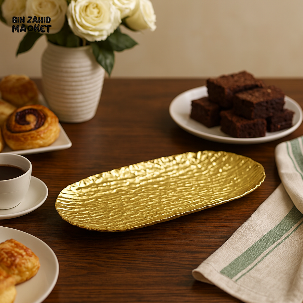 GOLDEN TEXTURED OVAL SERVING TRAY – LUXURY DINING TABLE PLATTER FOR DESSERTS & SNACKS