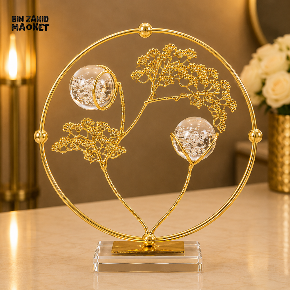GOLDEN TREE DOUBLE CRYSTAL ORB CIRCULAR DECORATIVE ORNAMENT
