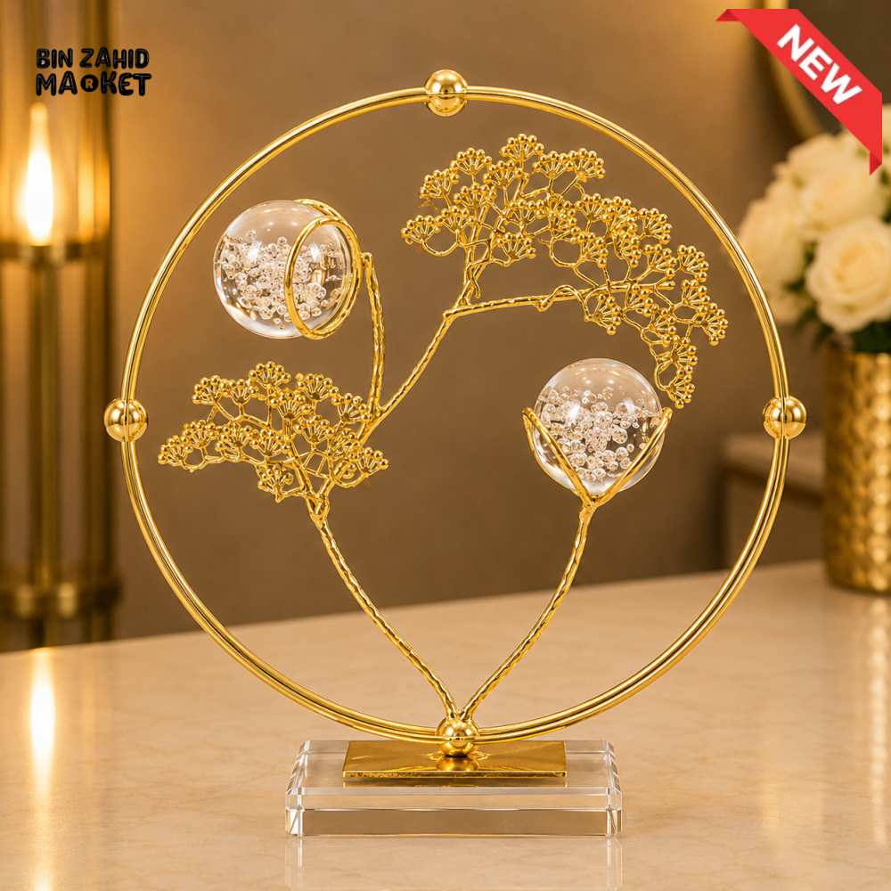 GOLDEN TREE DOUBLE CRYSTAL ORB CIRCULAR DECORATIVE ORNAMENT