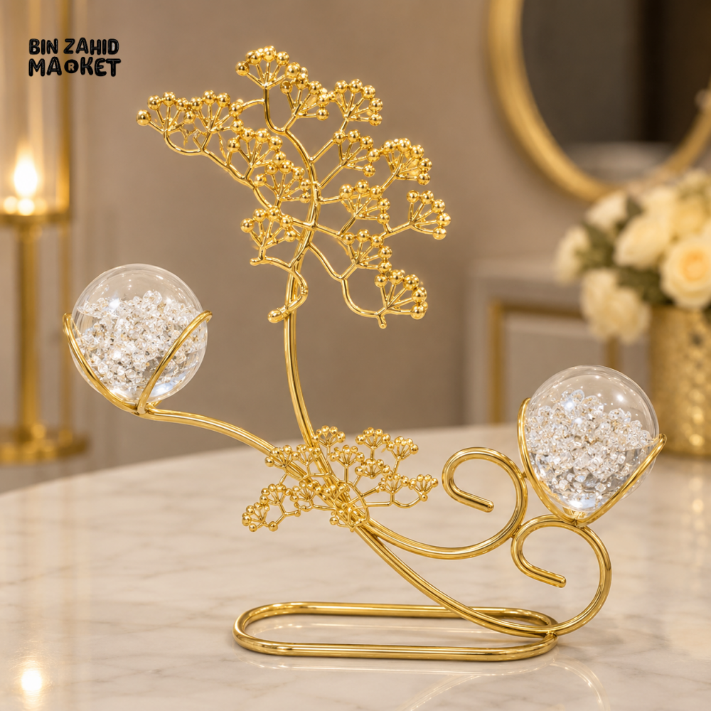 GOLDEN TREE DOUBLE CRYSTAL ORB DECORATIVE ORNAMENT