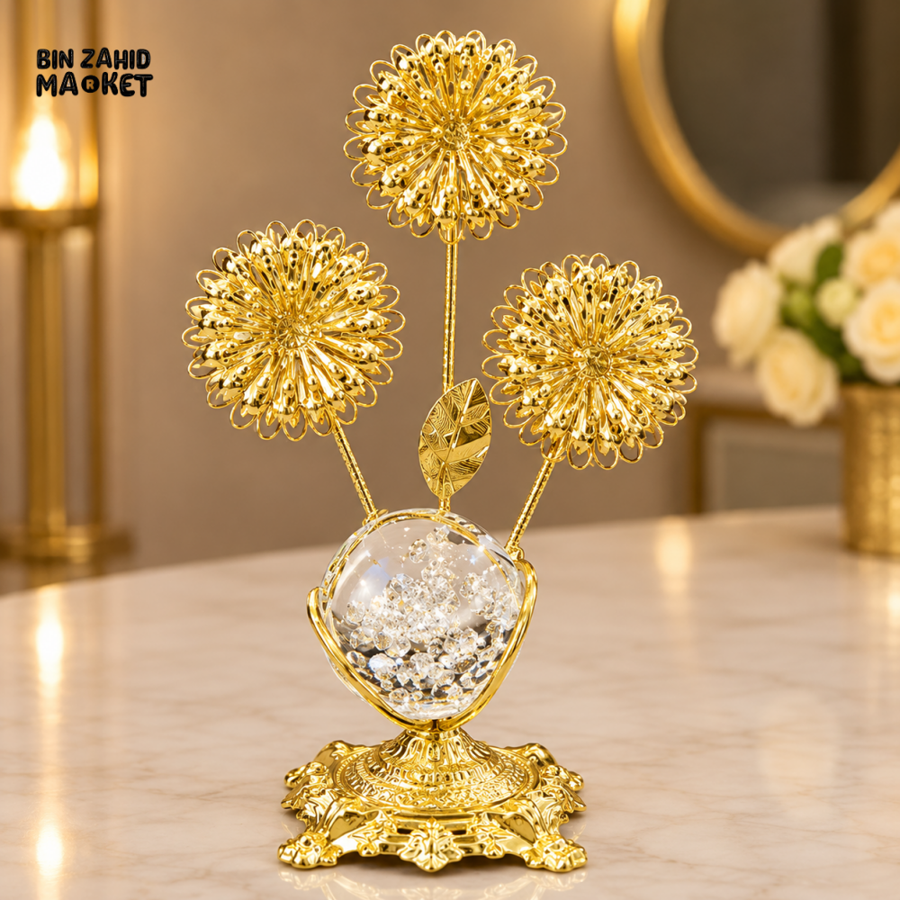 GOLDEN TRIPLE FLOWER CRYSTAL ORB DECORATIVE ORNAMENT