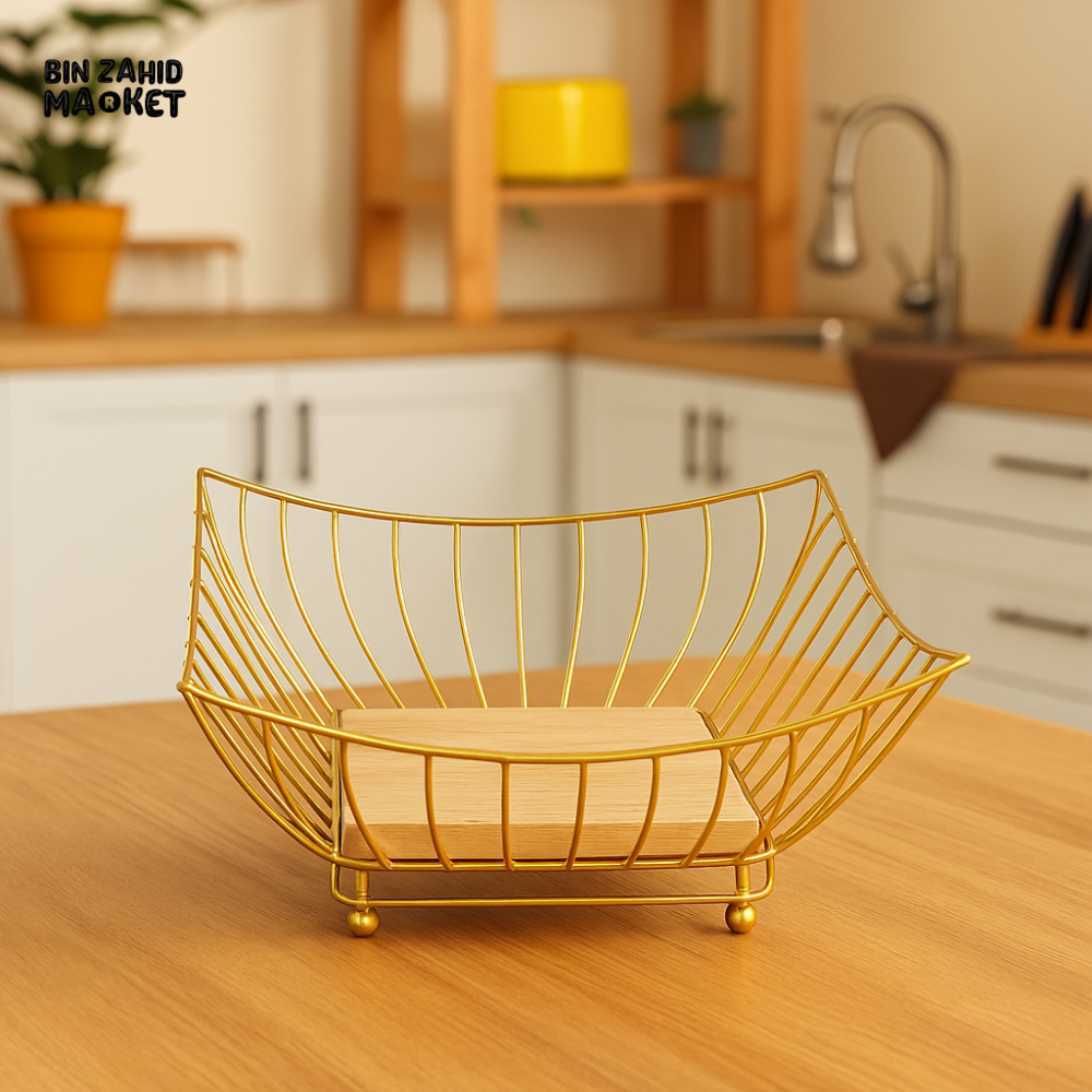 GOLDEN WIRE FRUIT BASKET WITH WOODEN BASE – LUXURY KITCHEN COUNTER STORAGE & DECOR TRAY