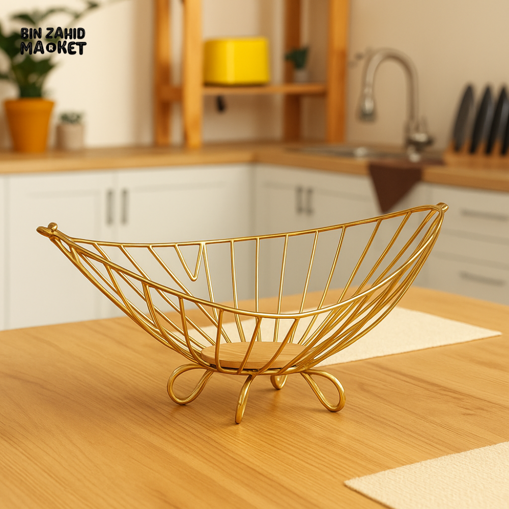 GOLDEN WIRE FRUIT BOWL – LUXURY DECORATIVE BASKET FOR KITCHEN COUNTER & DINING TABLE
