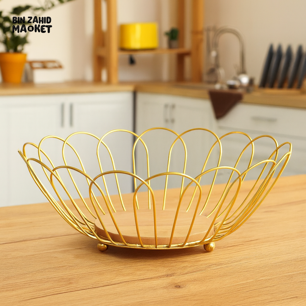 GOLDEN WIRE ROUND FRUIT BASKET WITH WOODEN BASE – LUXURY KITCHEN COUNTER STORAGE & DECOR TRAY