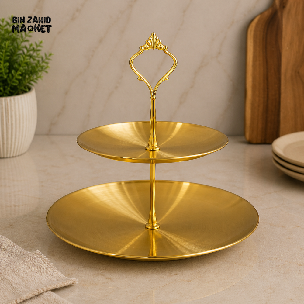 GOLDLUXA 2 STEP GOLDEN PASTRY STAND PREMIUM STAINLESS STEEL TWO TIER DESSERT SERVING STAND LUXURY TABLE DISPLAY SIZE 25