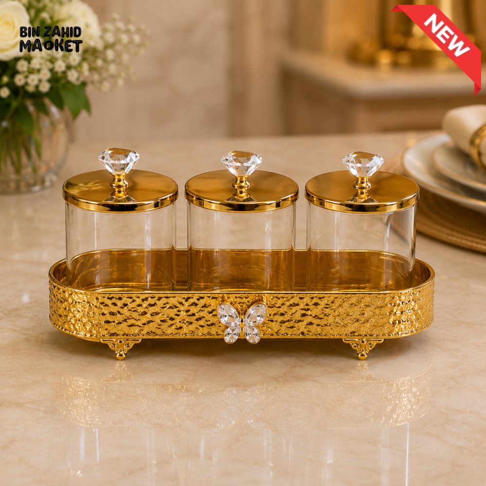 GOLDLUXA 3-PIECE GLASS STORAGE JAR SET WITH TRAY