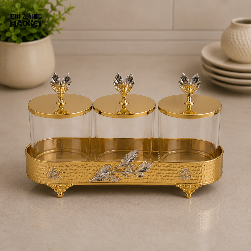 GOLDLUXA 3-PIECE GLASS STORAGE JAR SET WITH TRAY