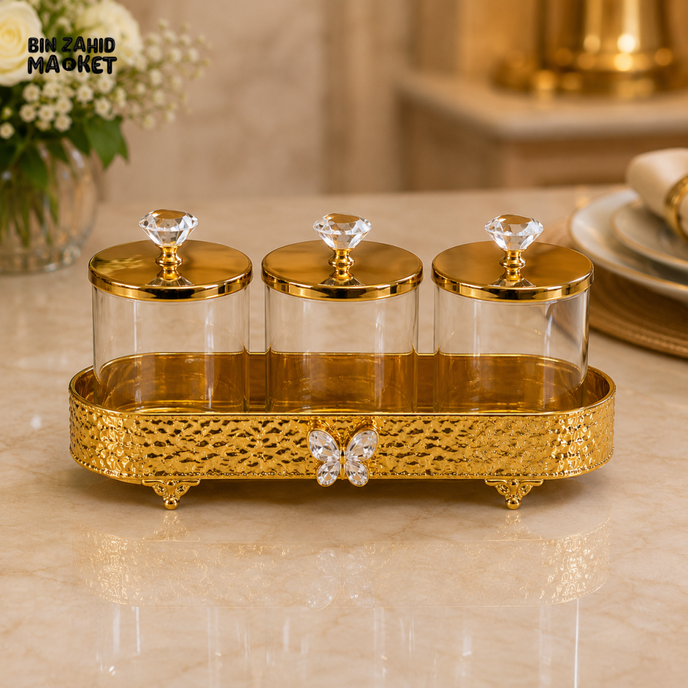 GOLDLUXA 3-PIECE GLASS STORAGE JAR SET WITH TRAY