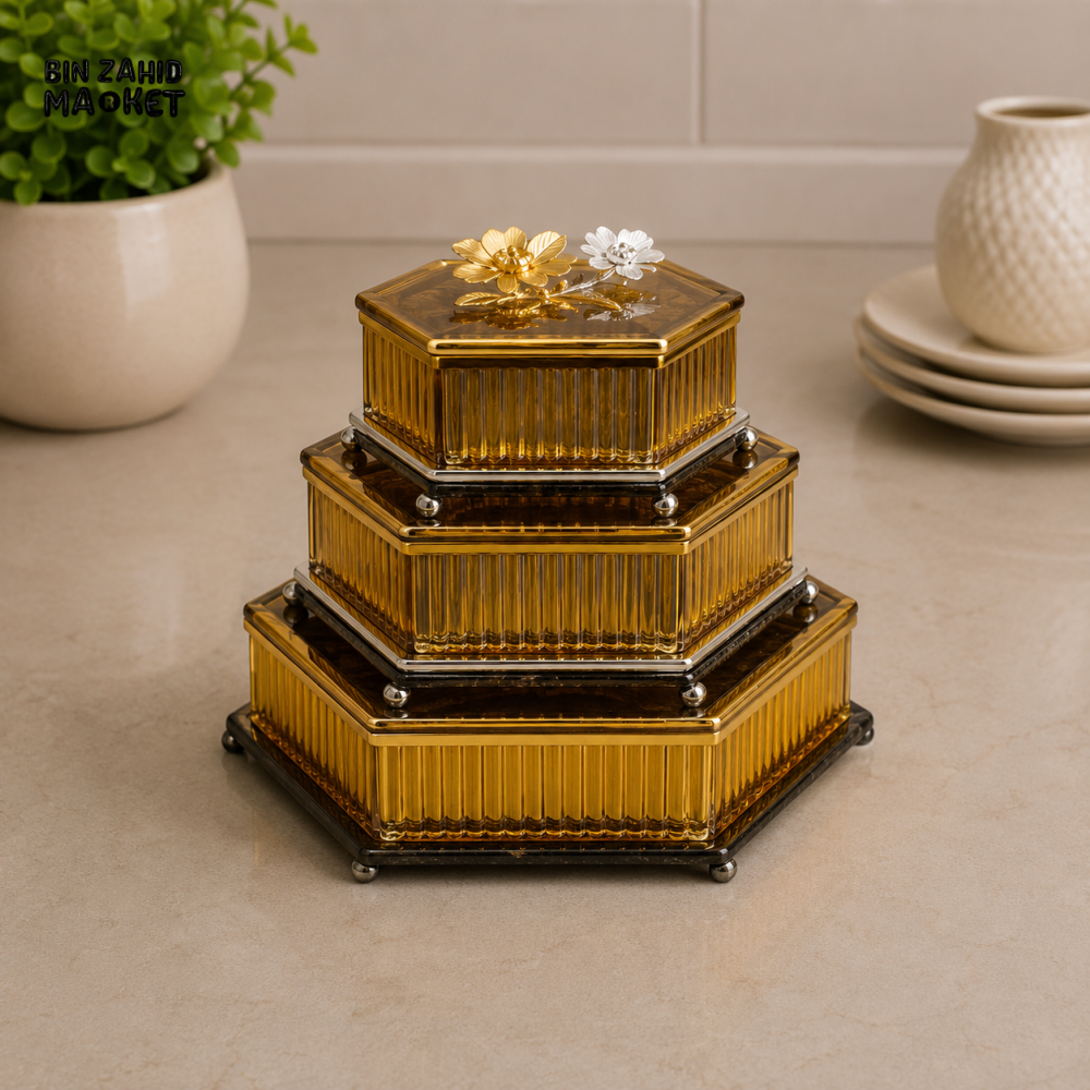GOLDLUXA 3-PIECE STORAGE CANISTER SET - HEXAGONAL SHAPE