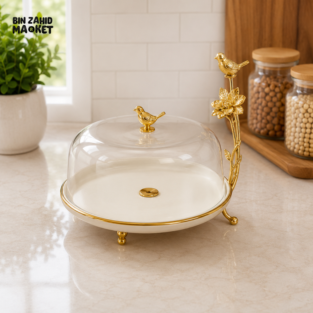 GOLDLUXA CERAMIC CAKE STAND WITH GLASS DOME