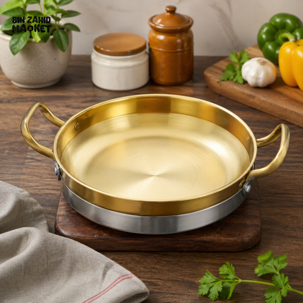 GOLDLUXA CHINA GOLDEN SPANISH PAELLA PAN PREMIUM STAINLESS STEEL NON-STICK SEAFOOD COOKING PAN WITH DOUBLE HANDLES 22 CM