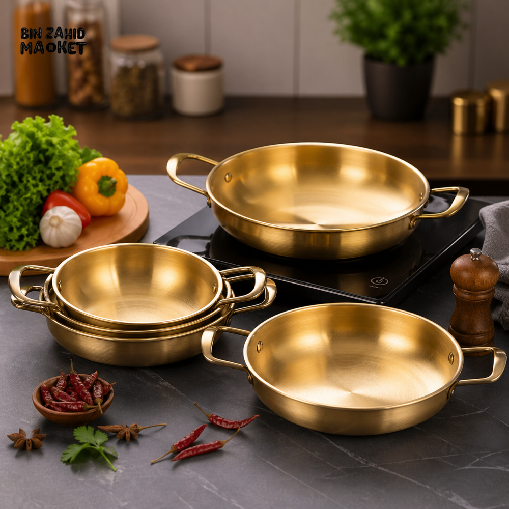 GOLDLUXA CHINA WOK GOLDEN PREMIUM STAINLESS STEEL DOUBLE HANDLE MULTIPURPOSE COOKING & SERVING KARAHI 22 CM