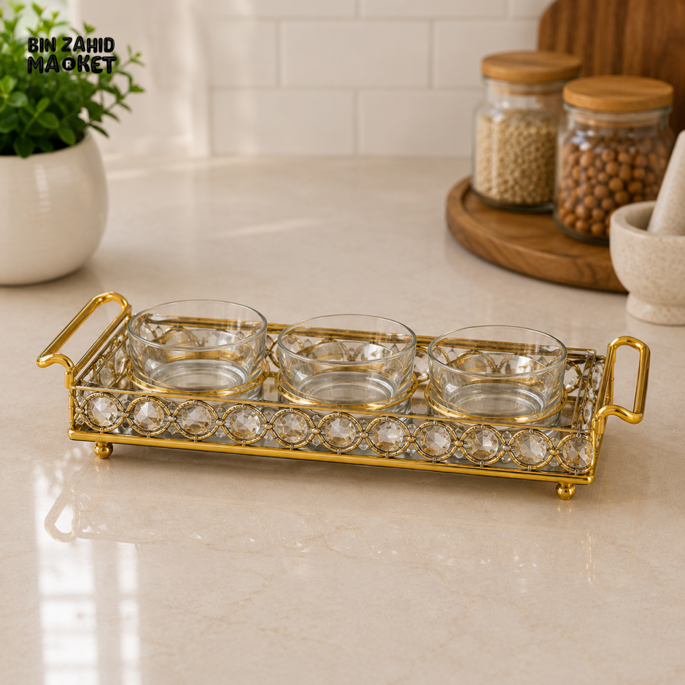 GOLDLUXA GOLD 3-PIECE GLASS CONDIMENT TRAY SET