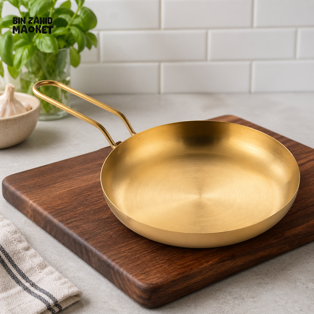 GOLDLUXA GOLDEN BRASS FRYPAN STYLE SKILLET PREMIUM HEAVY DUTY COOKWARE WITH LONG HANDLE 22 CM