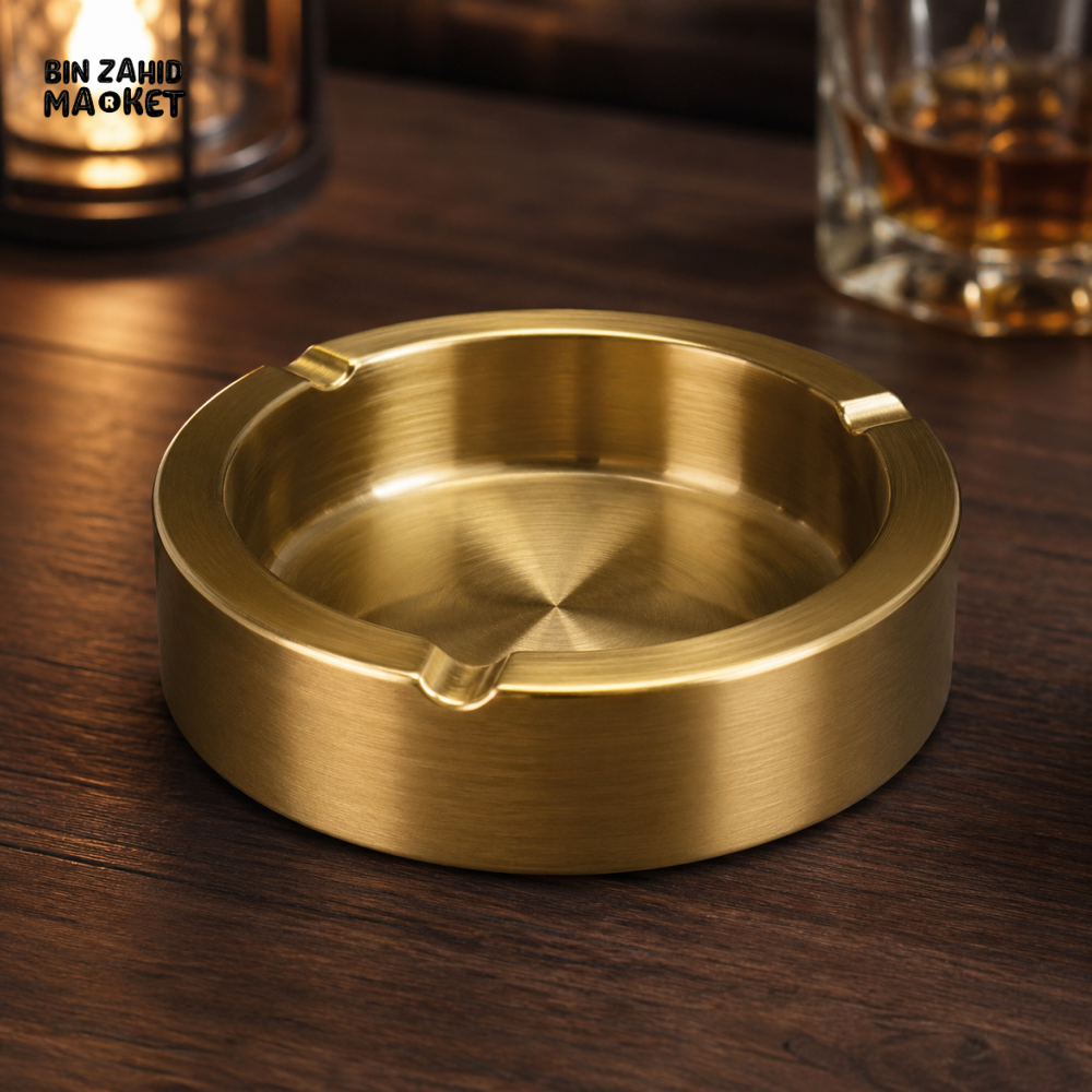 GOLDLUXA GOLDEN BRASS METAL ASHTRAY #7-25 PREMIUM ROUND CIGARETTE & CIGAR HOLDER HEAVY DUTY LUXURY TABLETOP ASH TRAY