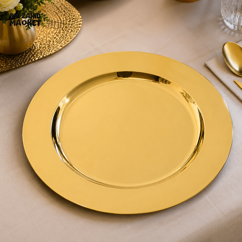 GOLDLUXA GOLDEN CHARGER PLATE PREMIUM ROUND DINNER UNDERPLATE LUXURY TABLE DECOR SERVING PLATE SIZE 20 CM