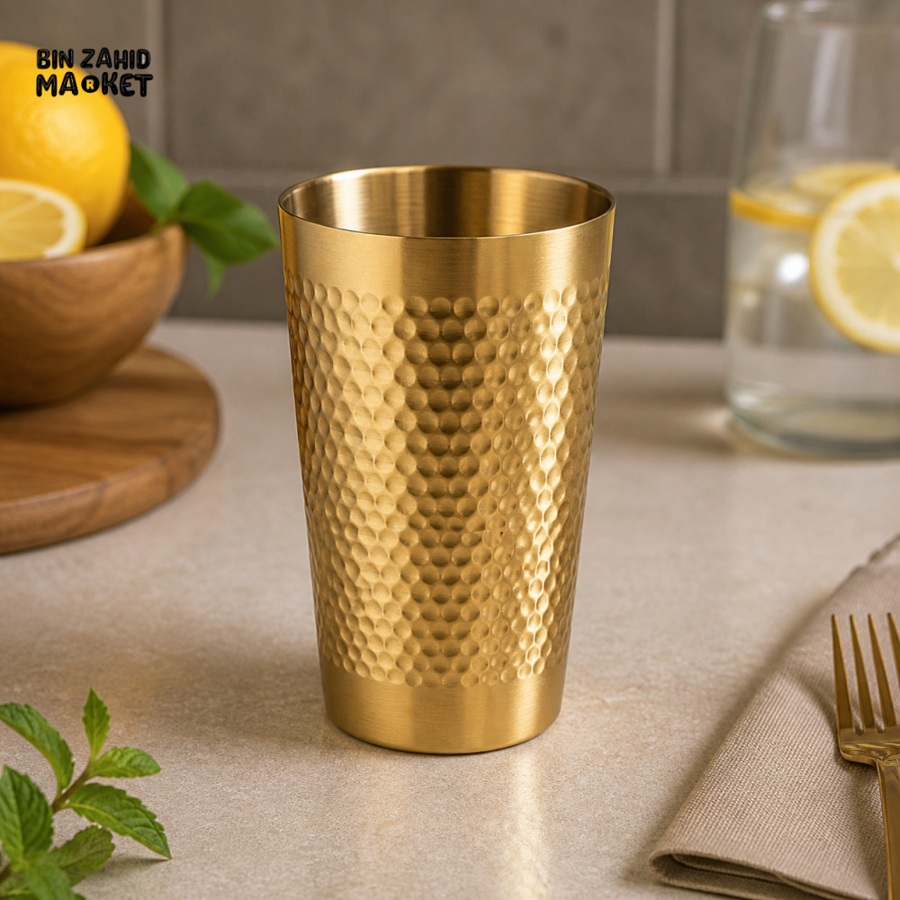 GOLDLUXA GOLDEN HAMMERED GLASS PREMIUM STAINLESS STEEL DRINKING TUMBLER 450 ML