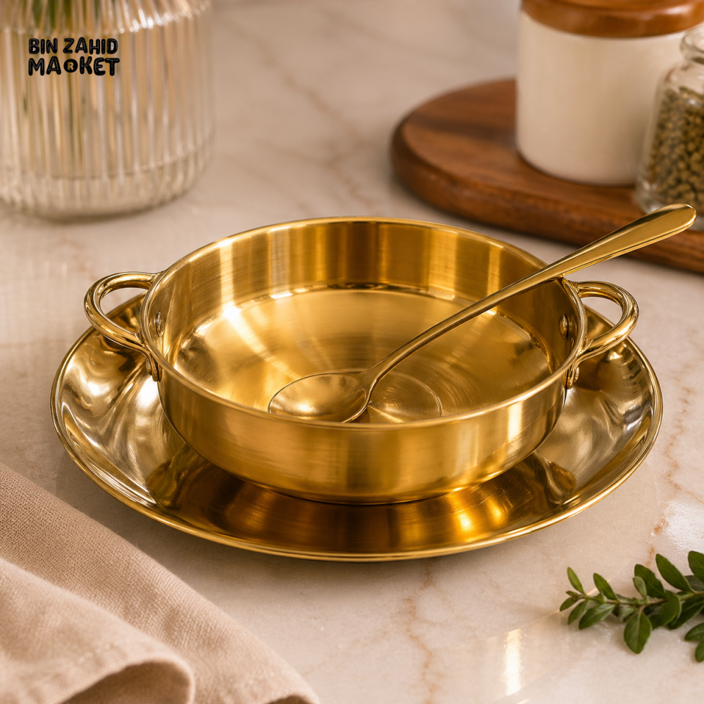 GOLDLUXA GOLDEN HANDLE SOUP BOWL WITH SAUCER PREMIUM STAINLESS STEEL DOUBLE HANDLE SERVING BOWL SET SIZE 18 CM