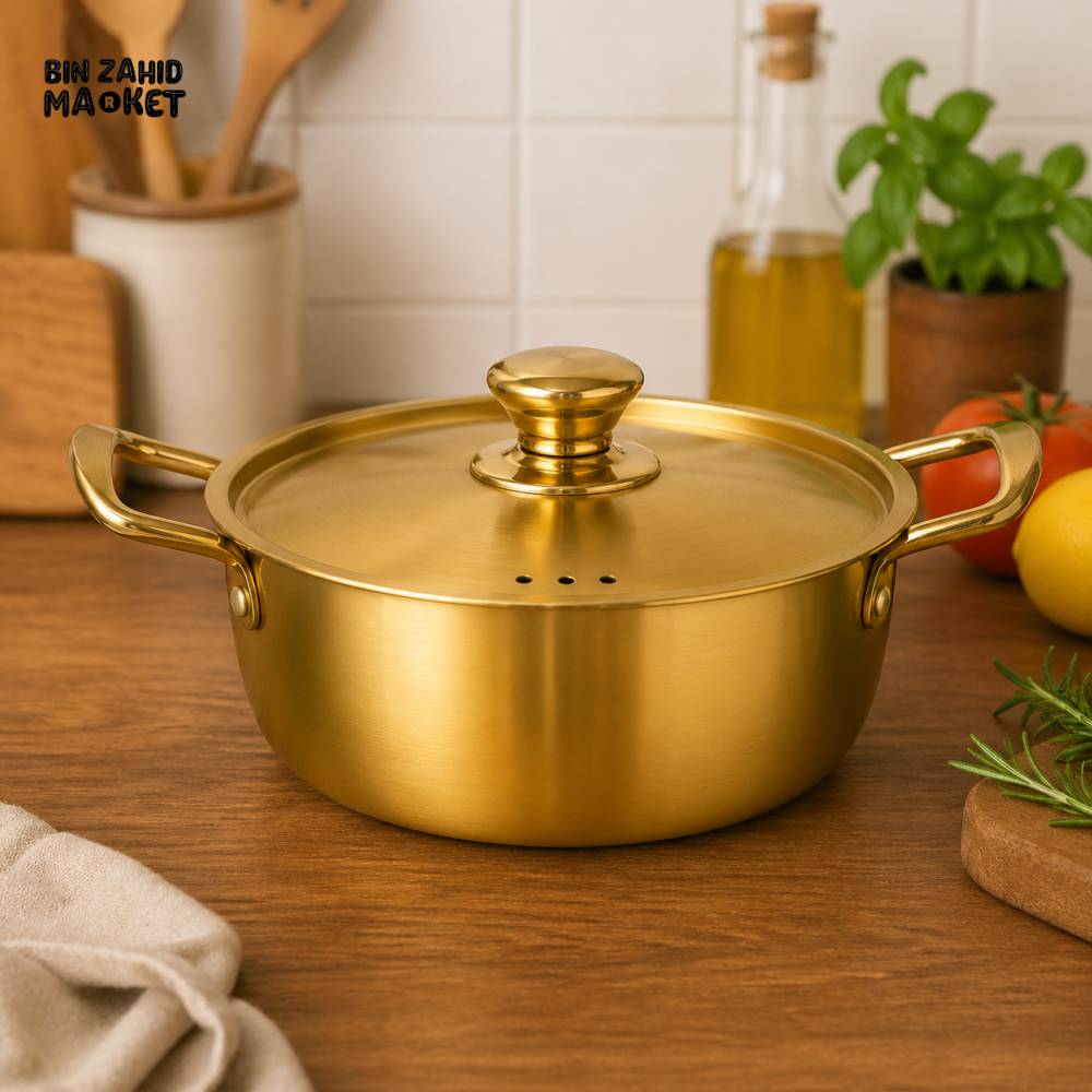 GOLDLUXA GOLDEN POT PLAIN WITH LID PREMIUM STAINLESS STEEL COOKING CASSEROLE DOUBLE HANDLE KITCHEN COOKWARE 20 CM