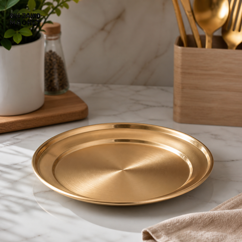 GOLDLUXA GOLDEN ROUND SERVING TRAY PREMIUM METAL DINING PLATE 26 CM