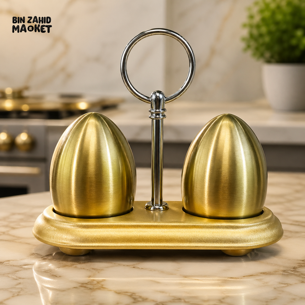 GOLDLUXA GOLDEN SALT AND PEPPER SHAKER SET WITH HOLDER LUXURY STAINLESS STEEL TABLE SEASONING SET SIZE 8–12 CM