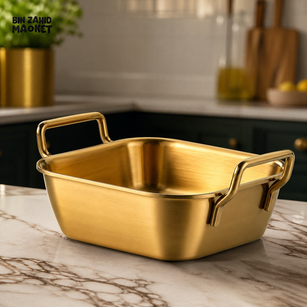 GOLDLUXA GOLDEN SERVING BASKET MINI RECTANGULAR FOOD SERVING TRAY WITH HANDLES PREMIUM METAL KITCHEN SERVING BASKET