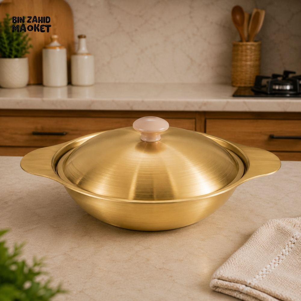 GOLDLUXA GOLDEN SERVING BOWL WITH WOODEN KNOB PREMIUM STAINLESS STEEL COVERED SERVING DISH LUXURY KITCHEN TABLEWARE