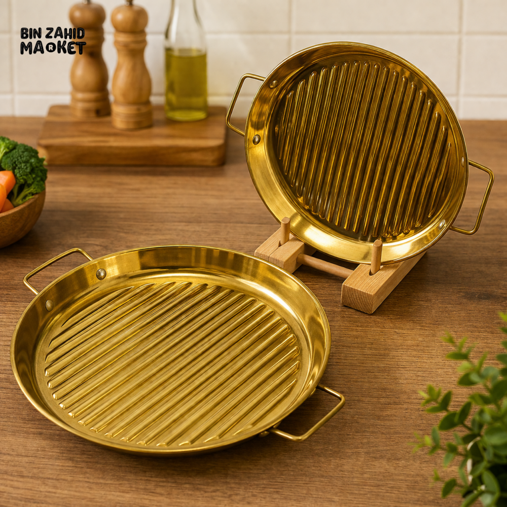 GOLDLUXA GOLDEN STEAK STYLE GRILL PLATTER RIBBED METAL SERVING STEAK PLATE PREMIUM KITCHEN COOKWARE 7.5 INCH