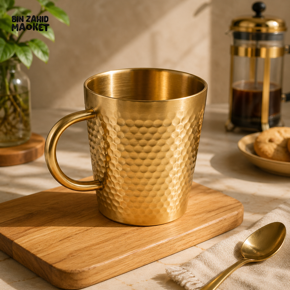 GOLDLUXA GOLDEN TEA CUP HAMMERED PREMIUM STAINLESS STEEL DRINKING MUG LUXURY KITCHEN TABLEWARE SIZE 300 ML