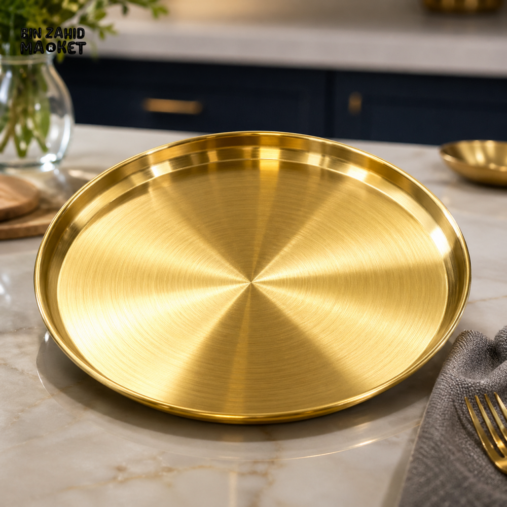 GOLDLUXA GOLDEN THALI STYLE DINNER PLATE PREMIUM STAINLESS STEEL ROUND SERVING PLATE SIZE 20 CM
