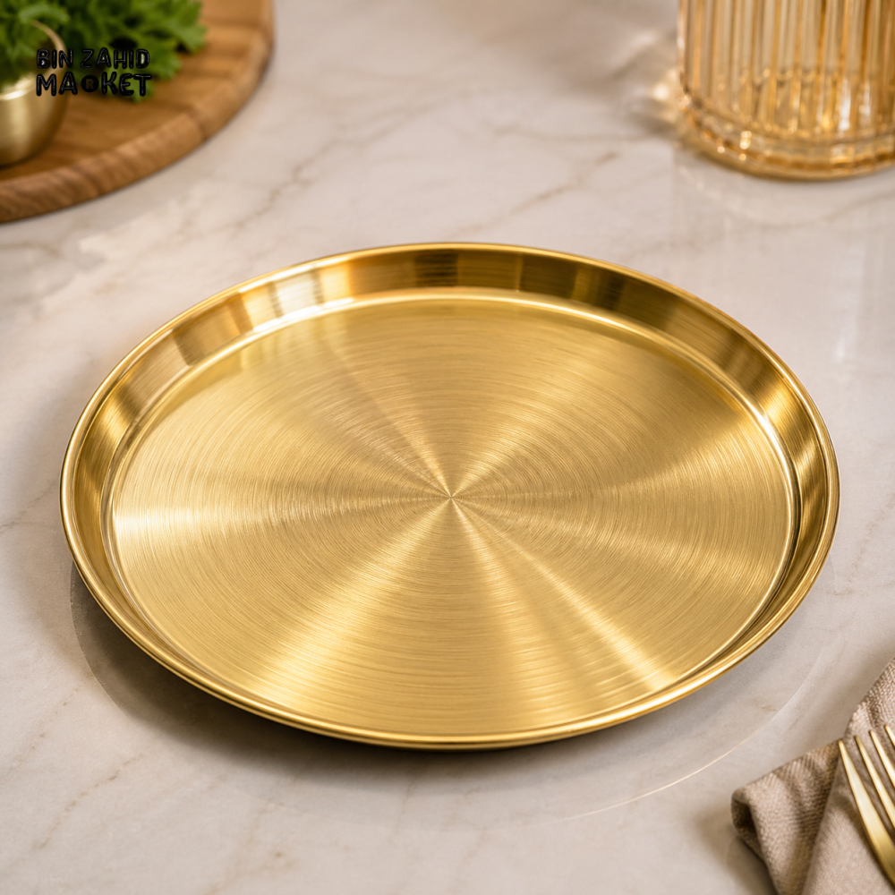 GOLDLUXA GOLDEN THALI STYLE DINNER PLATE PREMIUM STAINLESS STEEL ROUND SERVING PLATE SIZE 26 CM