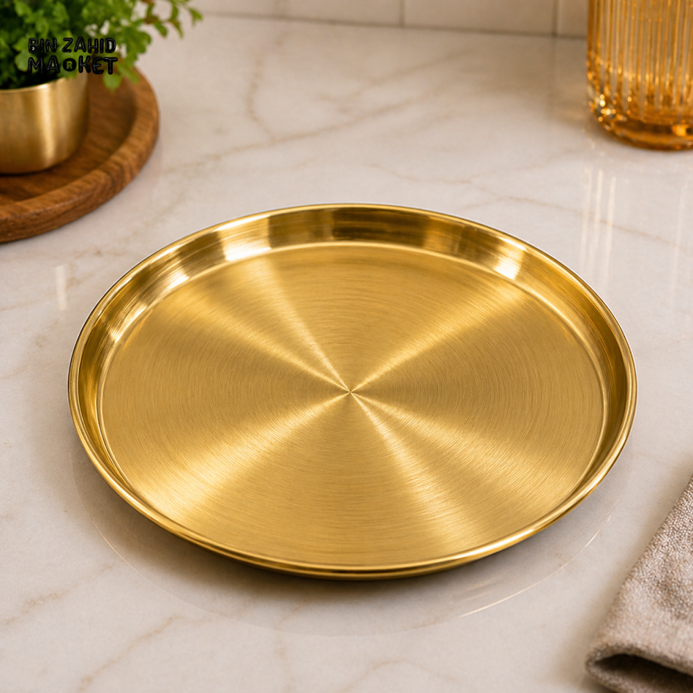 GOLDLUXA GOLDEN THALI STYLE DINNER PLATE PREMIUM STAINLESS STEEL ROUND SERVING PLATE SIZE 34 CM