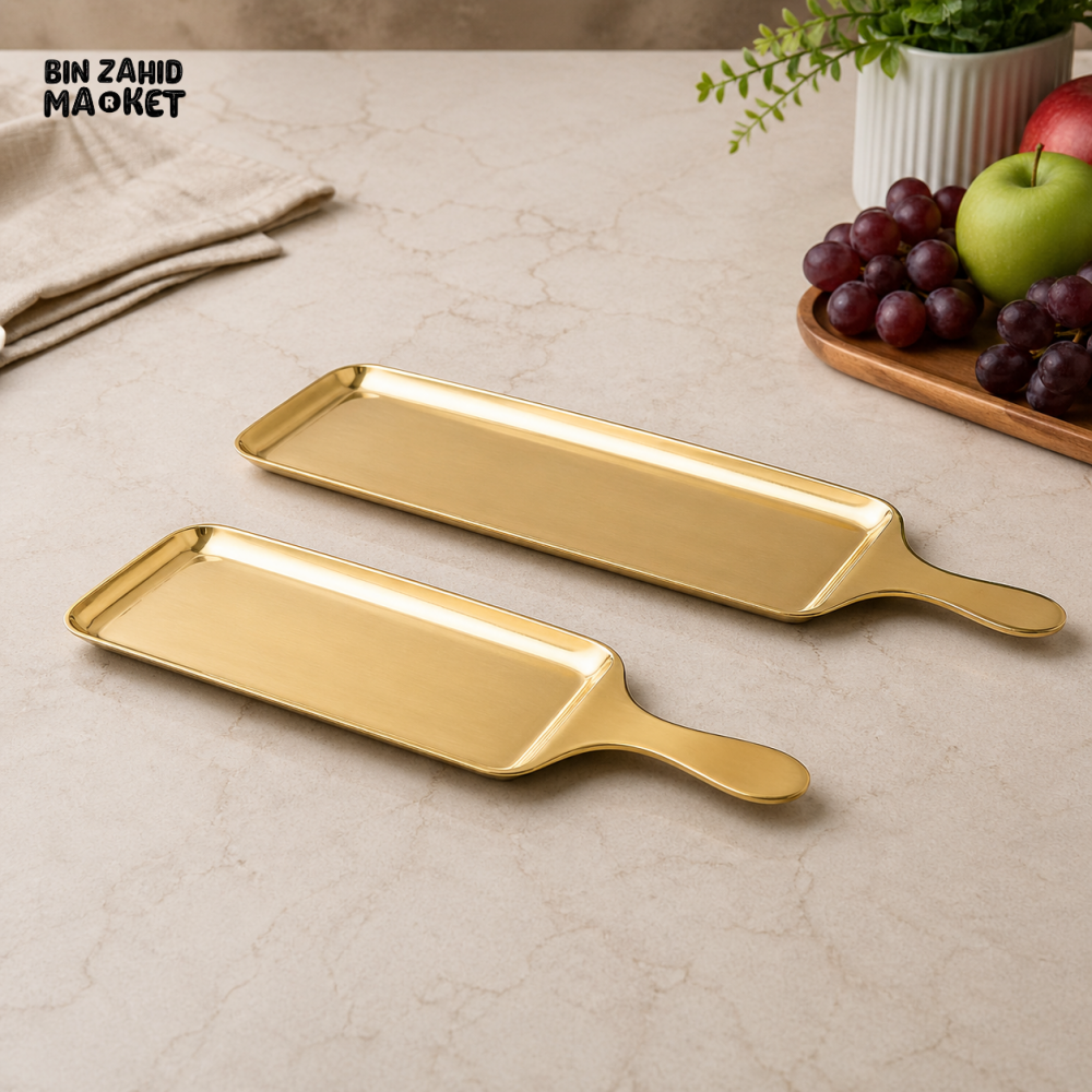 GOLDLUXA GOLDEN TRAY RECTANGULAR BBQ BAT PLATTER PREMIUM STAINLESS STEEL SERVING TRAY LUXURY KITCHEN TABLEWARE SIZE 33