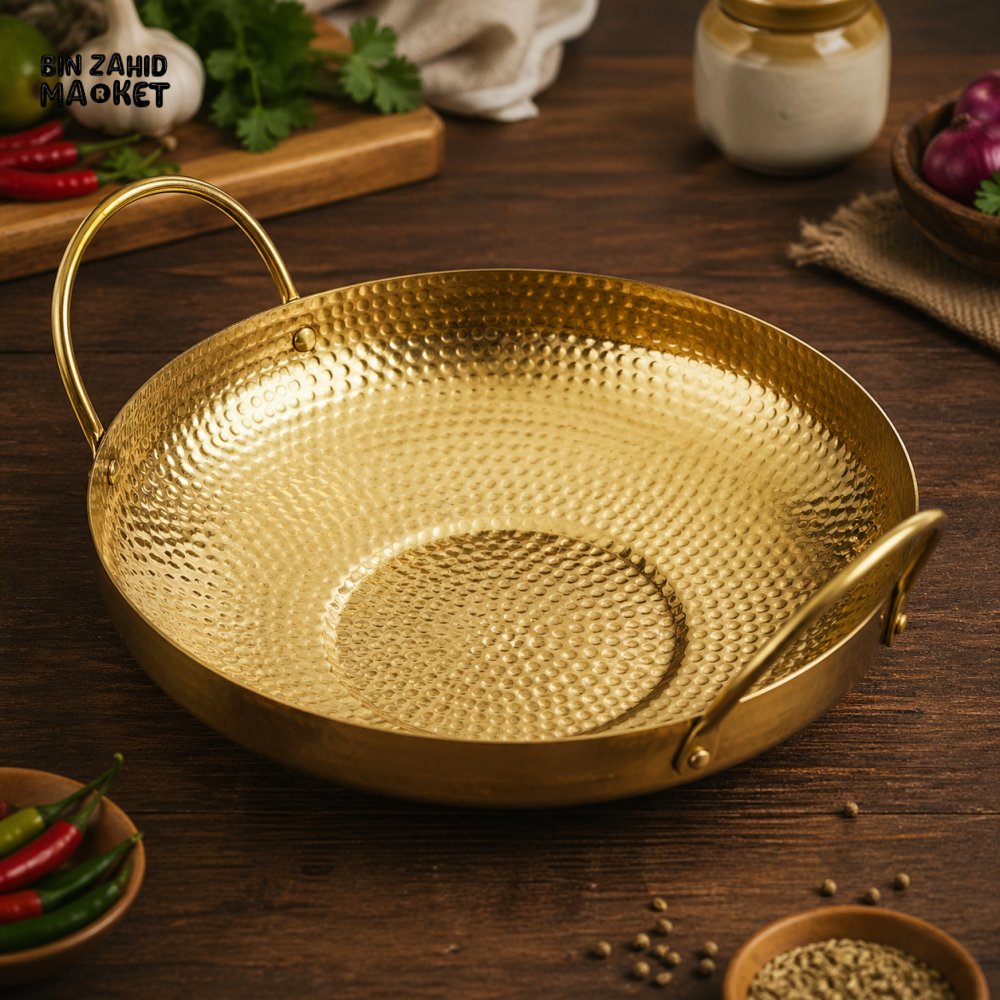 GOLDLUXA HAMMERED WOK GOLDEN BRASS KADHAI DOUBLE HANDLE PREMIUM COOKWARE SERVING PAN 24 CM