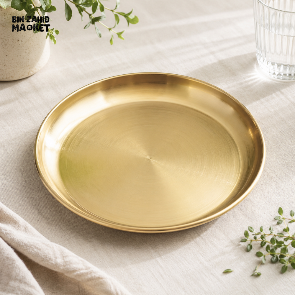 GOLDLUXA PREMIUM ROUND GOLD METAL SERVING TRAY – HIGH GLOSS LUXURY MULTIPURPOSE DINING & DECOR PLATE 40 CM