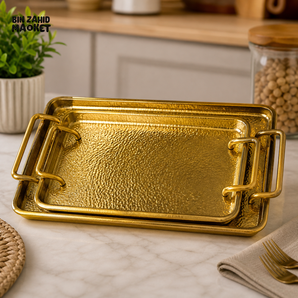GOLDLUXA RECTANGLE TRAY WITH TEXTURE PREMIUM GOLD METAL SERVING & DECOR TRAY 14 X 25 X 1.5 CM