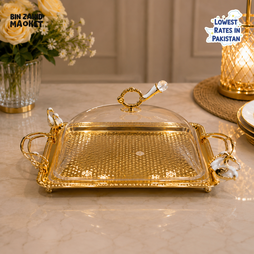 GOLDLUXA RECTANGULAR CAKE STAND WITH ACRYLIC COVER