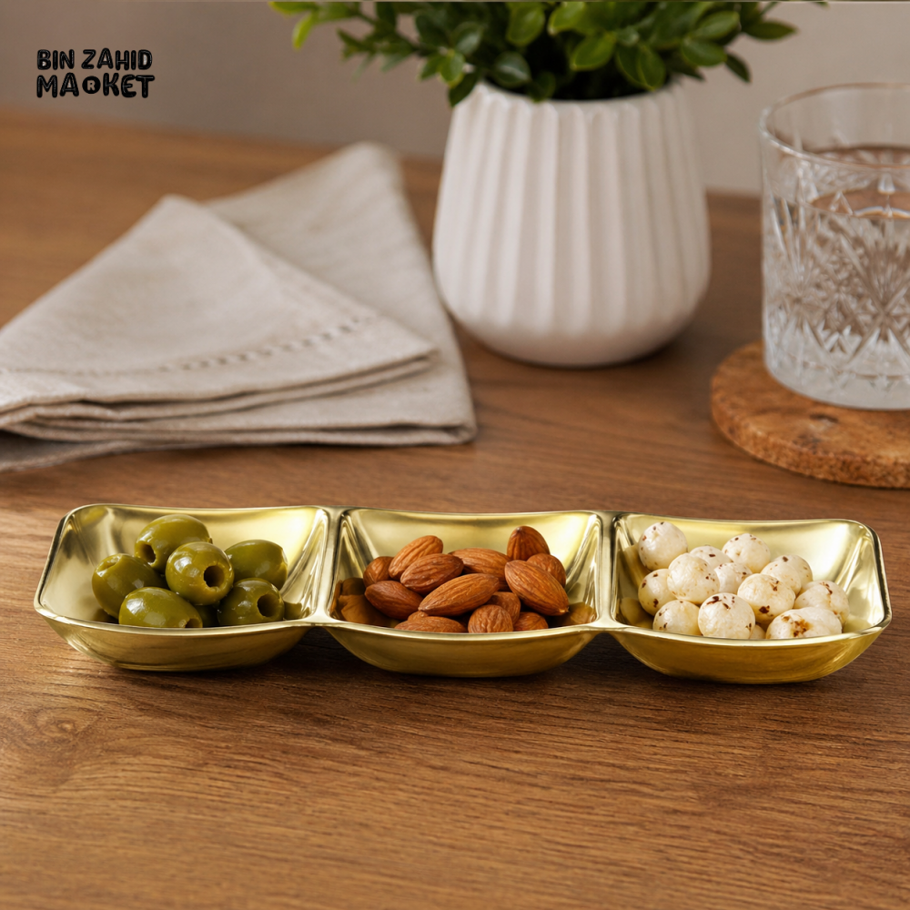 GOLDLUXA REMIKEN THREE DIP # 4--31 GOLD FINISH 3 COMPARTMENT SERVING DISH SNACK & CONDIMENT TRAY 30CM