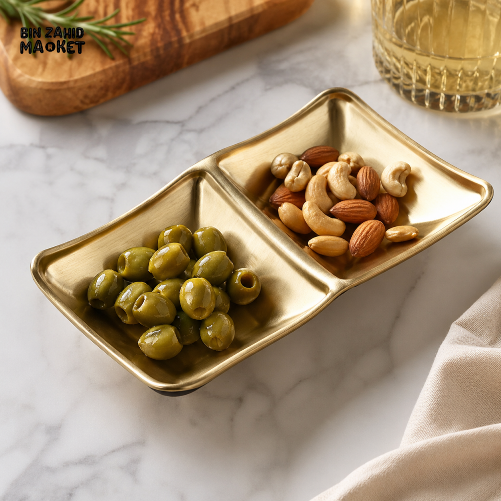 GOLDLUXA REMIKEN TWO DIP #4 GOLD DOUBLE COMPARTMENT SERVING TRAY PREMIUM METAL SNACK & SAUCE DISH 15.5 x 9 CM