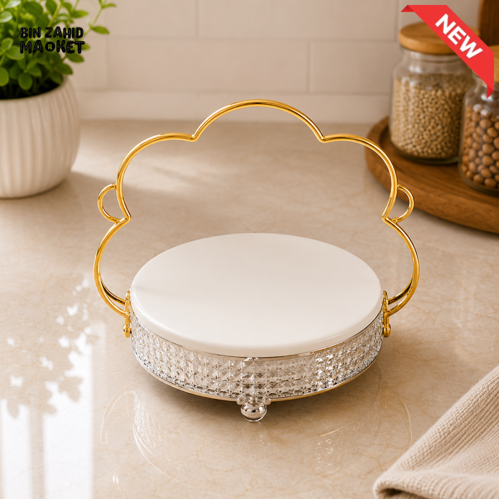GOLDLUXA ROUND SERVING TRAY WITH GOLD HANDLE - MEDIUM