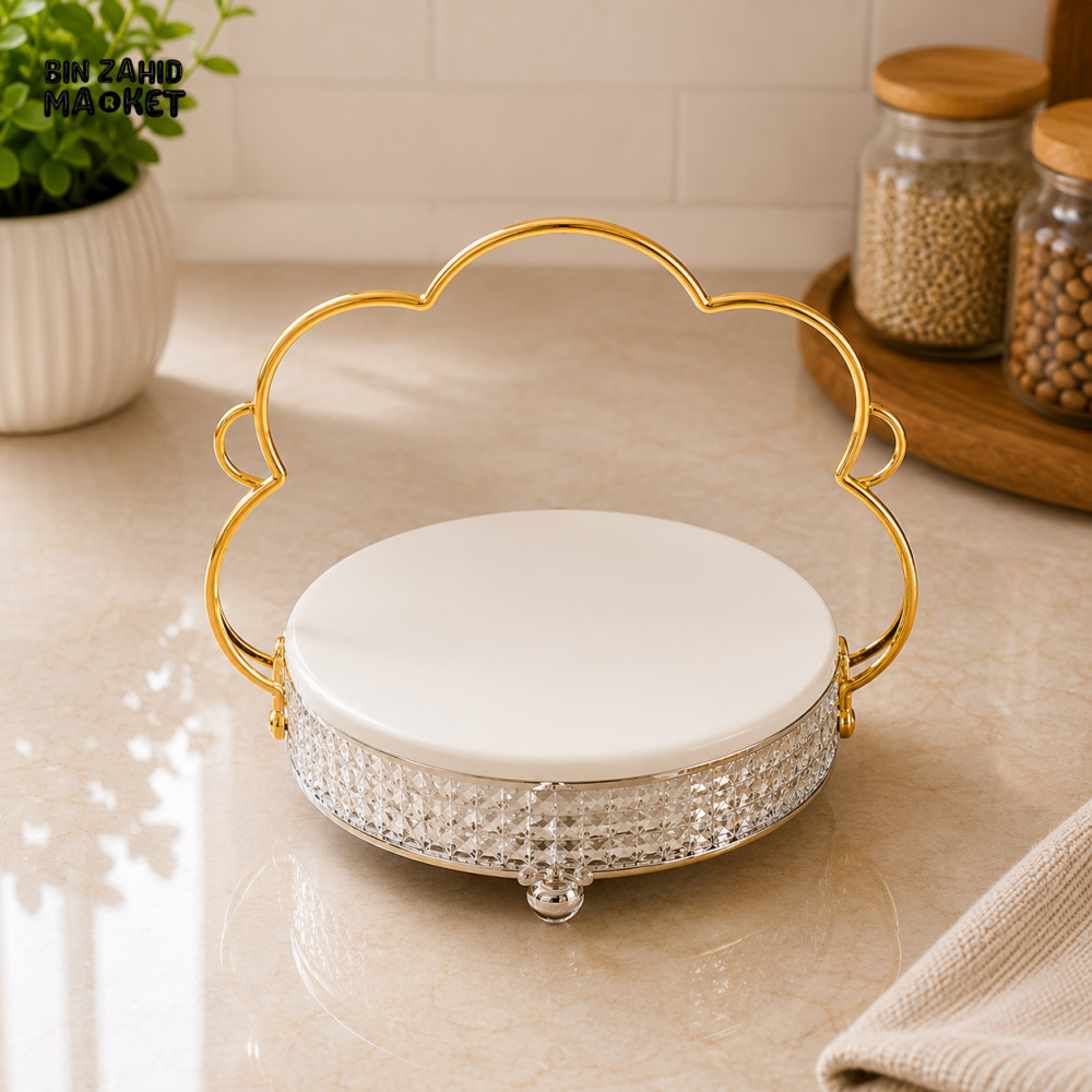 GOLDLUXA ROUND SERVING TRAY WITH GOLD HANDLE - MEDIUM