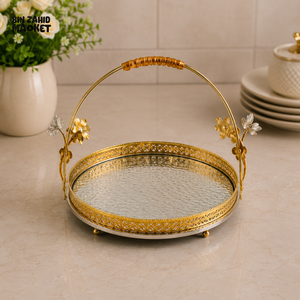 GOLDLUXA ROUND SERVING TRAY WITH HANDLE - LARGE
