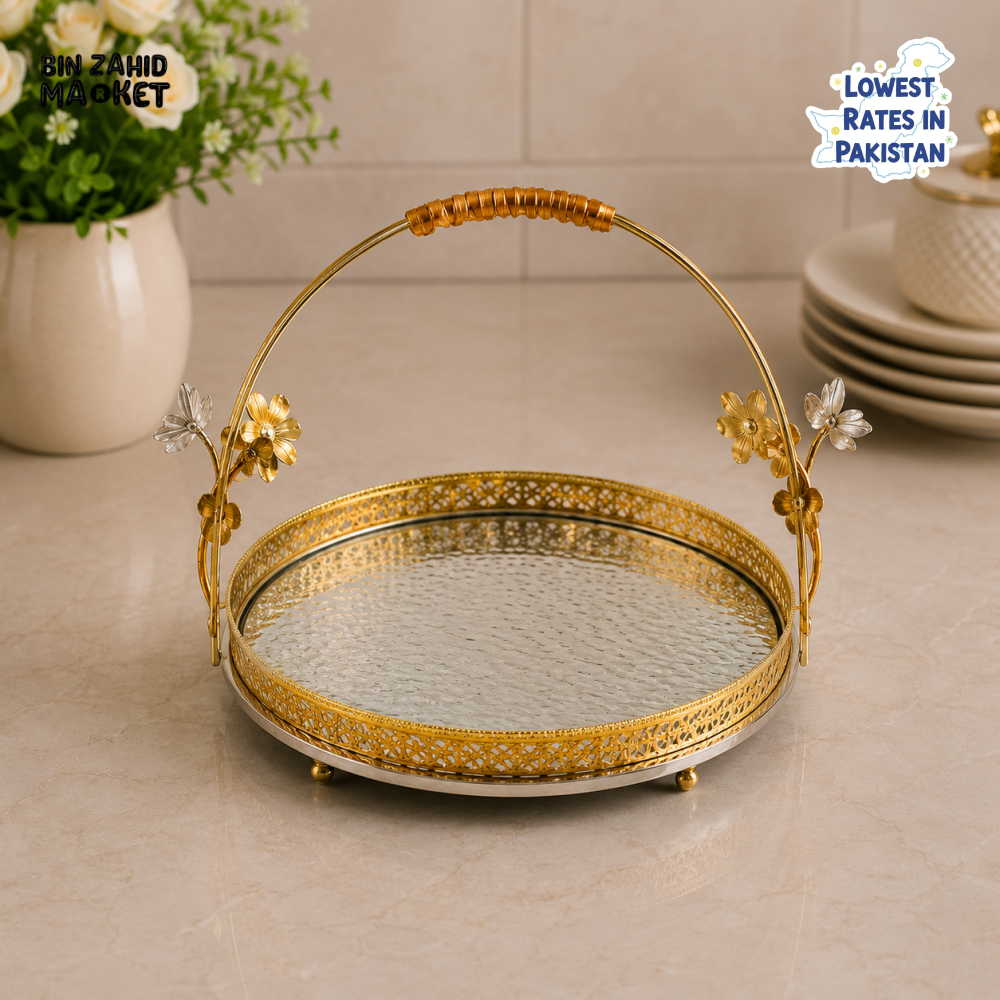 GOLDLUXA ROUND SERVING TRAY WITH HANDLE - SMALL