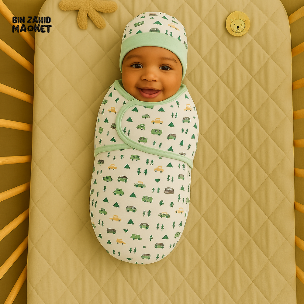 GREEN CAMPING PRINT NEWBORN SWADDLE SET WITH CAP & MITTENS – COTTON BABY WRAP FOR INFANTS