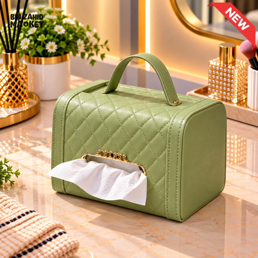 GREEN QUILTED TISSUE BOX WITH HANDLE AND GOLD DETAILING - Tissue Boxes