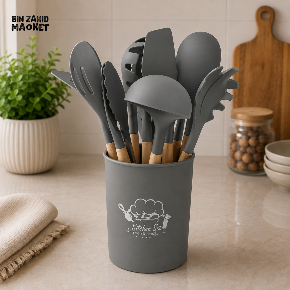 GREY SILICONE KITCHEN UTENSIL SET WITH HOLDER AND WOODEN HANDLES
