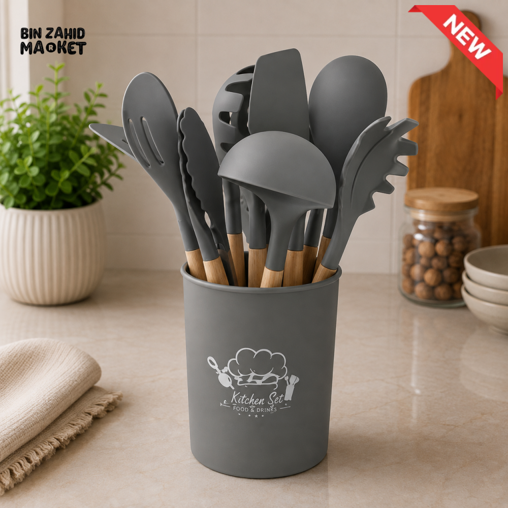 GREY SILICONE KITCHEN UTENSIL SET WITH HOLDER AND WOODEN HANDLES